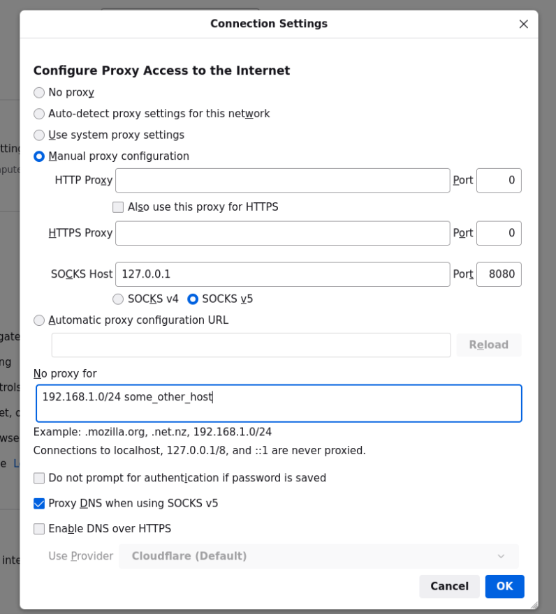 Screenshot van Firefox network proxy settings